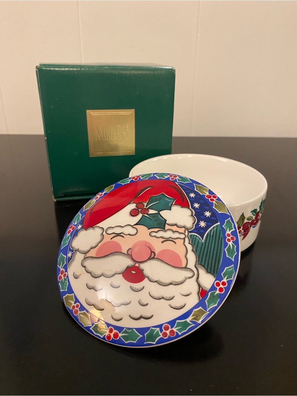 Vintage MIKASA Santa’s Glow Round Covered Ceramic Trinket Dish with Original Box